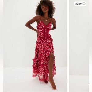 Free People Hearts Desire Bodysuit Ruffles Lace Embroidered Maxi Dress